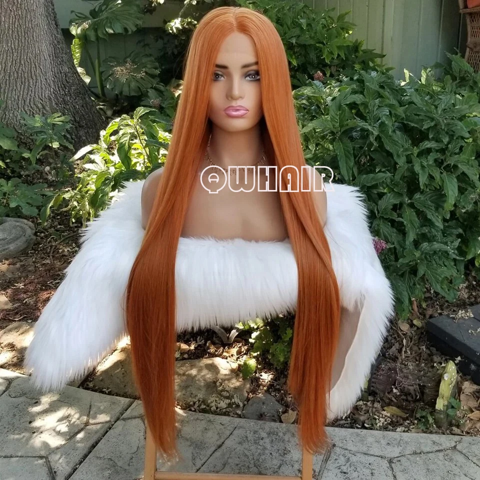 QW Synthetic Hair  Straight Ginger Orange 13X4 Soft  Lace Front Wig For Women Hair Heat Resistant Fiber Cosplay  Daily