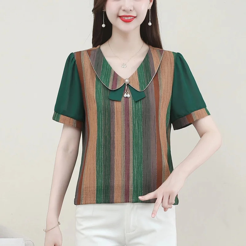 Doll Neck New Middle-aged Women Summer Short Sleeve T-shirt Embroiled Striped Fashion Vintage Casual Temperament Thin Tops 5XL