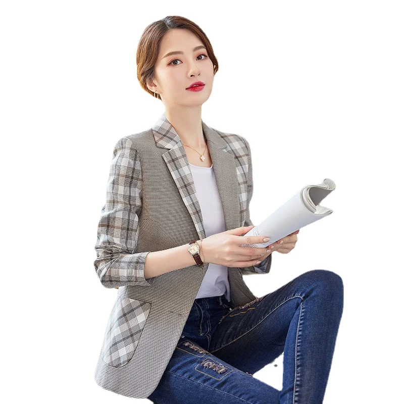 

Mesh red plaid stitching small suit coat Women's British long sleeve casual top Spring and Autumn 2023