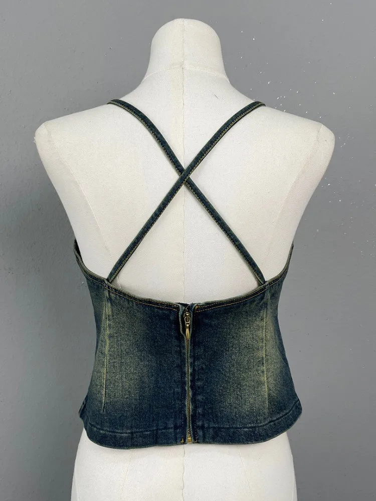 VGH Sexy Spliced Rivet Denim Tank Tops Square Collar Sleeveless Off Shoulder Backless Bandage Slimming Vest Female Summer New