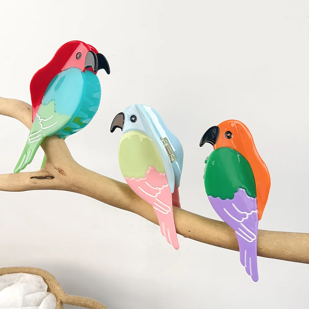 Niedlicher Vogel-Clip, Cartoon-Farbabstimmung, Papagei-Haarnadel, Acetat-Haarschmuck, hoher Pferdeschwanz-Haarschmuck für Frauen