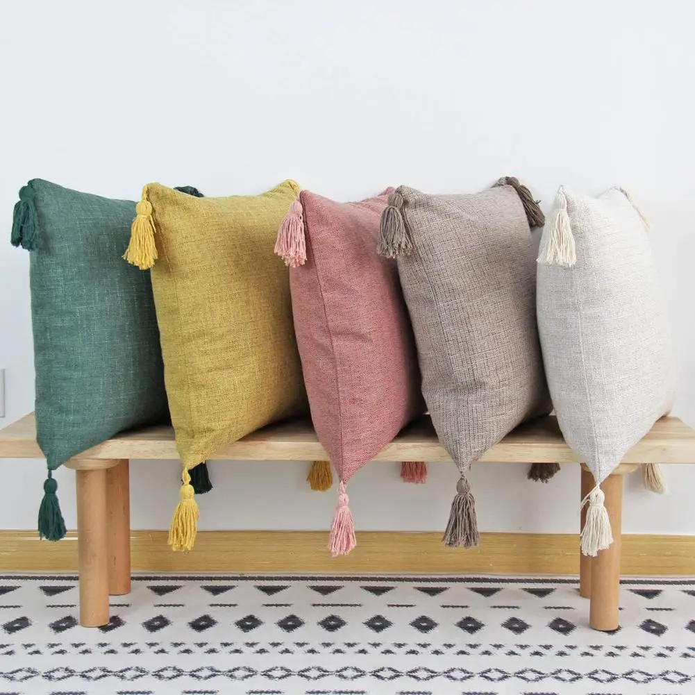 Solid Color Throw Pillow Cover Boho Tassel Pillow Cover Set Farmhouse Decorative Throw Pillowcase with Hidden Zipper Cozy Room
