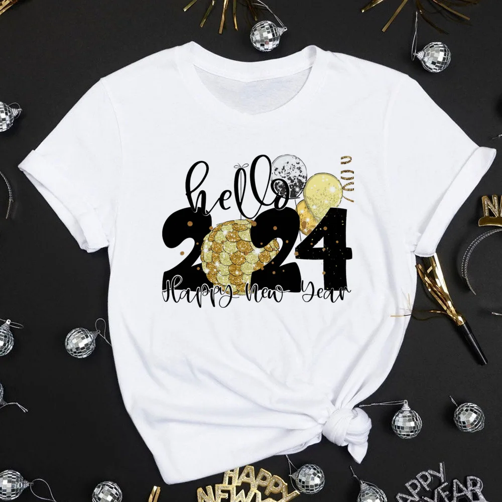 Hallo 2024 Print Vrouwen T-Shirt Gelukkig Nieuwjaarsfeest Vrouwelijke Outfit Tops Winter Nieuwjaar Korte Mouw T-Shirt Meisjes Casual Kleding