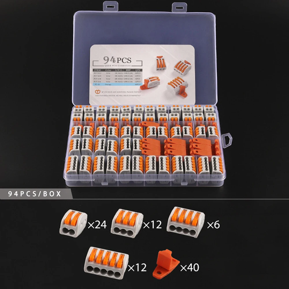 94PCS Nut Terminal Block Compact Electric Cable Connector 2/3/4/5 Hole Reusable Wire Terminal Block Connector with Bracket