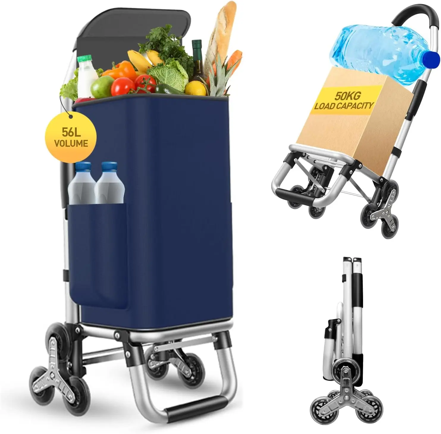 

Heavy Duty 3 in 1 Shopping Cart, Foldable Hand Truck with 6 Wheels, 110 lbs Grocery Cart, Portable Utility Dolly, Waterproof Bag