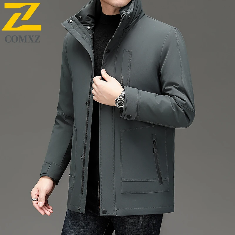 COMXZ Luxury Men Down Jacket New High-quality Goose Down Work Lightweight Puffer Jacket Detachable Hood Travel Warm Winter Coats