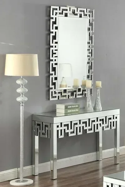 

Luxury mirrored console table, crescent shaped foyer, family round wall mirror