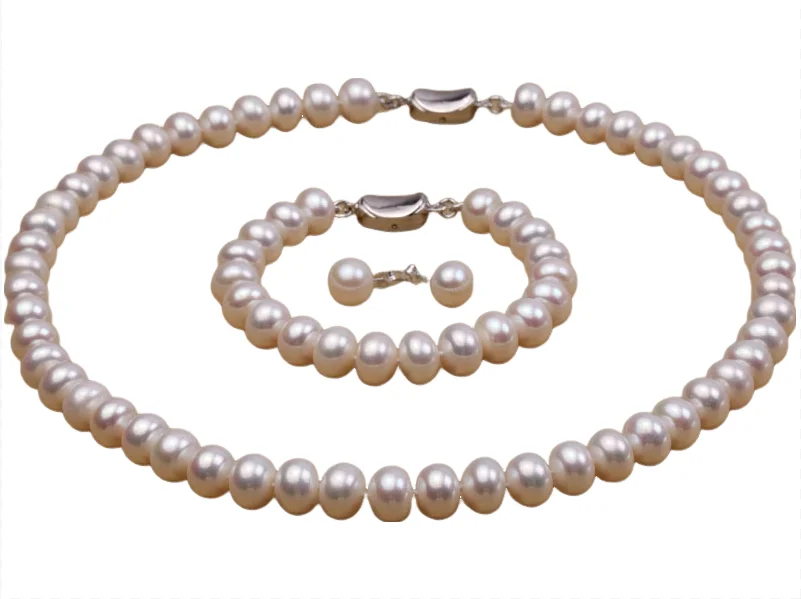 

Terisa Pearl Jewelry 10-11mm AA White Flat Freshwater Pearl Necklace, Bracelet and Stud Earrings Set for Women T-FPS170