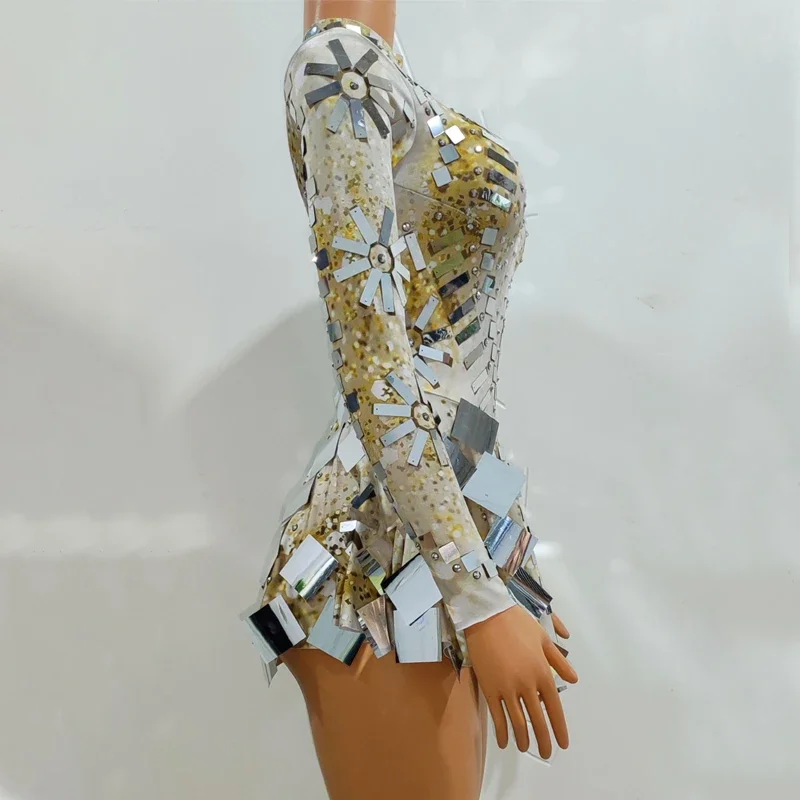 Vestido de fiesta con espejos Flash para mujer, vestidos de noche para fiesta, minivestido elástico de manga larga, disfraz de bailarina y cantante XS6910