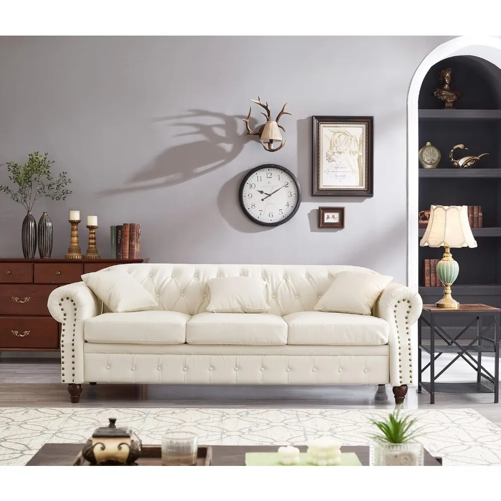 

85.8" Tufted Leather Chesterfield Sofa with Storage, PU Chesterfield Couch with 3 Seats, Modern Chesterfield Sofa with Rolled