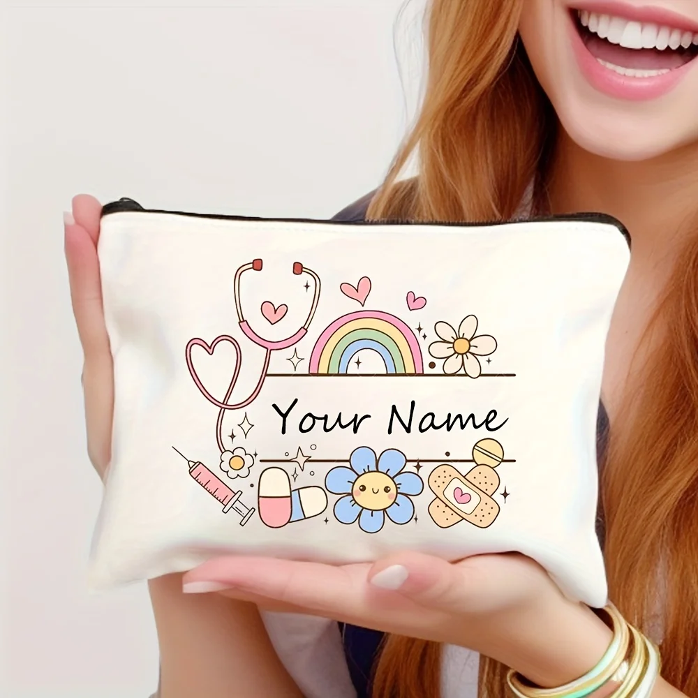 Personalize Name Rainbow Nurse Cosmetic Bag-Medical-Themed Design Foldable Zipper Travel Organizer for Nurses,Healthcare Workers