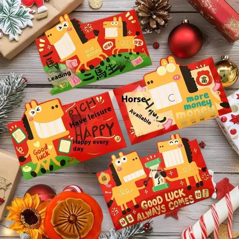 2026 envelopes vermelhos do ano do cavalo (4 peças) - pacotes de dinheiro da sorte do ano novo chinês para crianças, conjunto de presente do cavalo do zodíaco