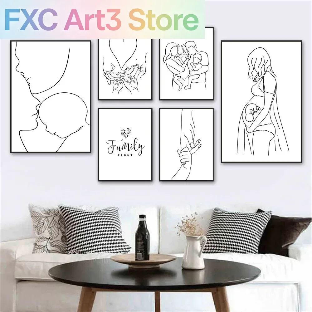 1 Stück rahmenloses Familienporträt Leinwandposter Baby-Linienzeichnung Wandbild Abstrakte Handzeichnung Minimalistische Wandkunst Bilder Wohnzimmer