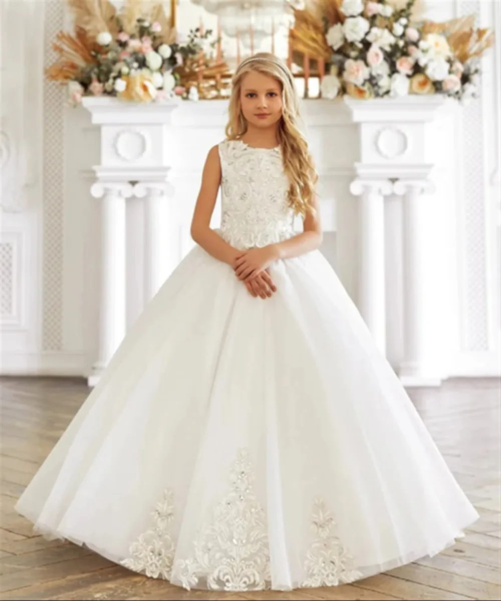 

Elegant White Flower Girl Dress for Wedding Sleeveless Kids Holy Communion Dress Beaded Lace Applique Girls Pageant Ball Gown