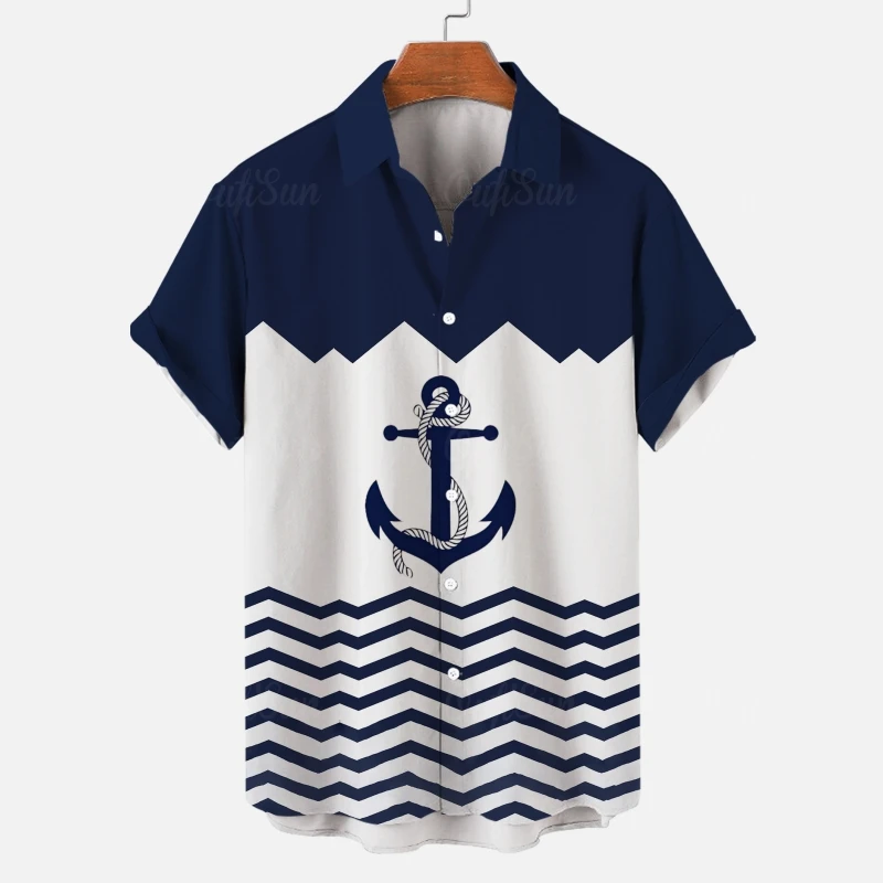 2026 Men's Shirt 3d Boat Anchor Stripe Print Hawaiian Shirts For Men Daily Casual Short Sleeve Loose Oversized Clothing view 2