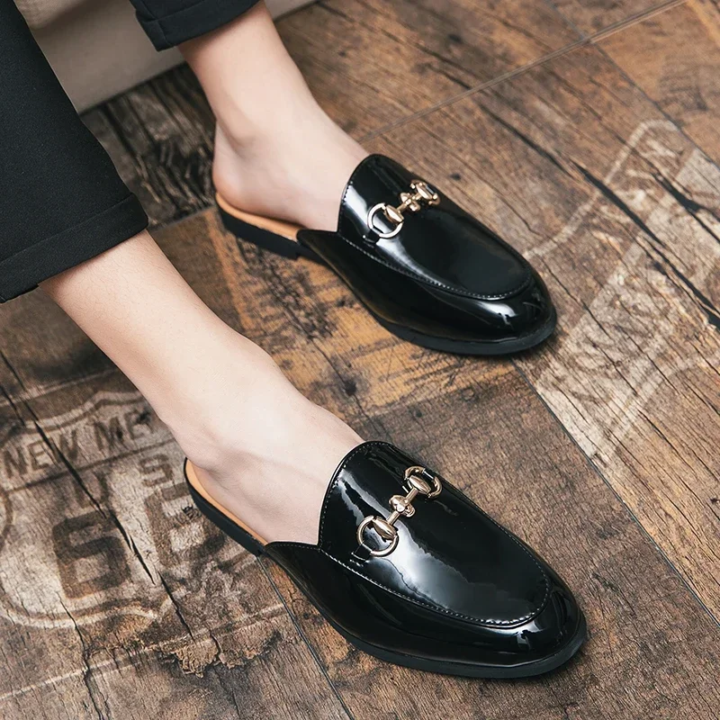 Demi-chaussures d\'été pour hommes, mocassins noirs, pantoufles en cuir verni, chaussures de conduite décontractées, sandales plates légères, grande