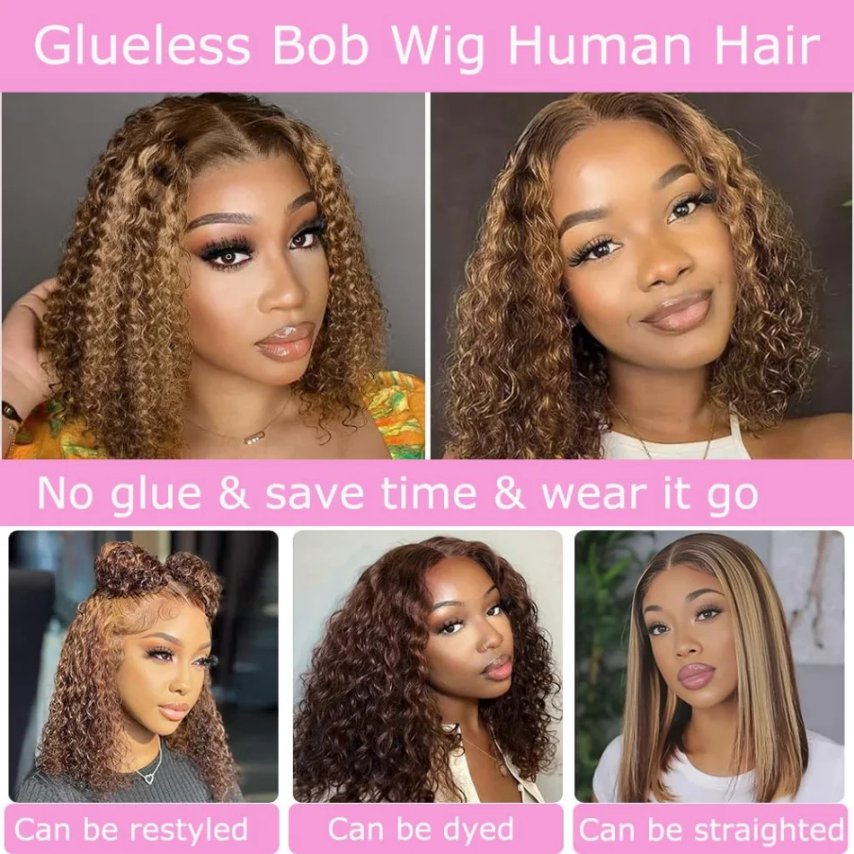 Highlight Ombre Bob Wig Human Hair Curly Short 5X5 Hd Lace Closure Wig