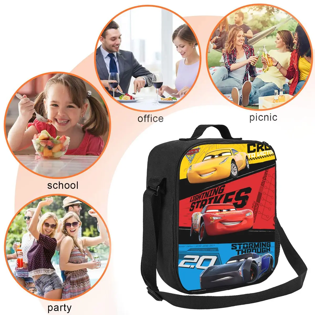 Custom Cars Racer Lightning McQueen Lunch Bag Men Women Warm Cooler Insulated Lunch Boxes for Kids School Children