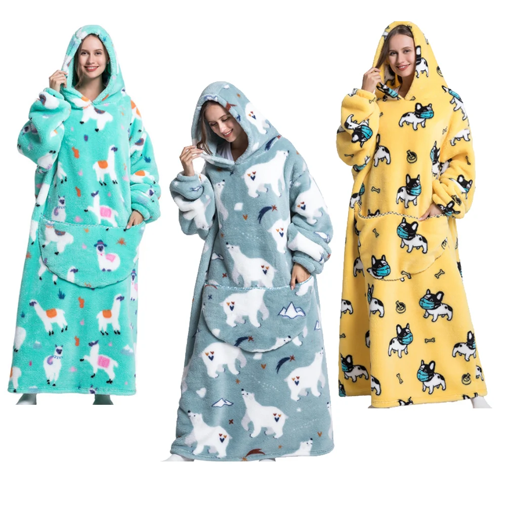 Long Winter Women Robe Unisex Flannel Fleece Hooded Blanket with Big Pockets Warm Adult Homewear Family Mactching Set Sleepwear