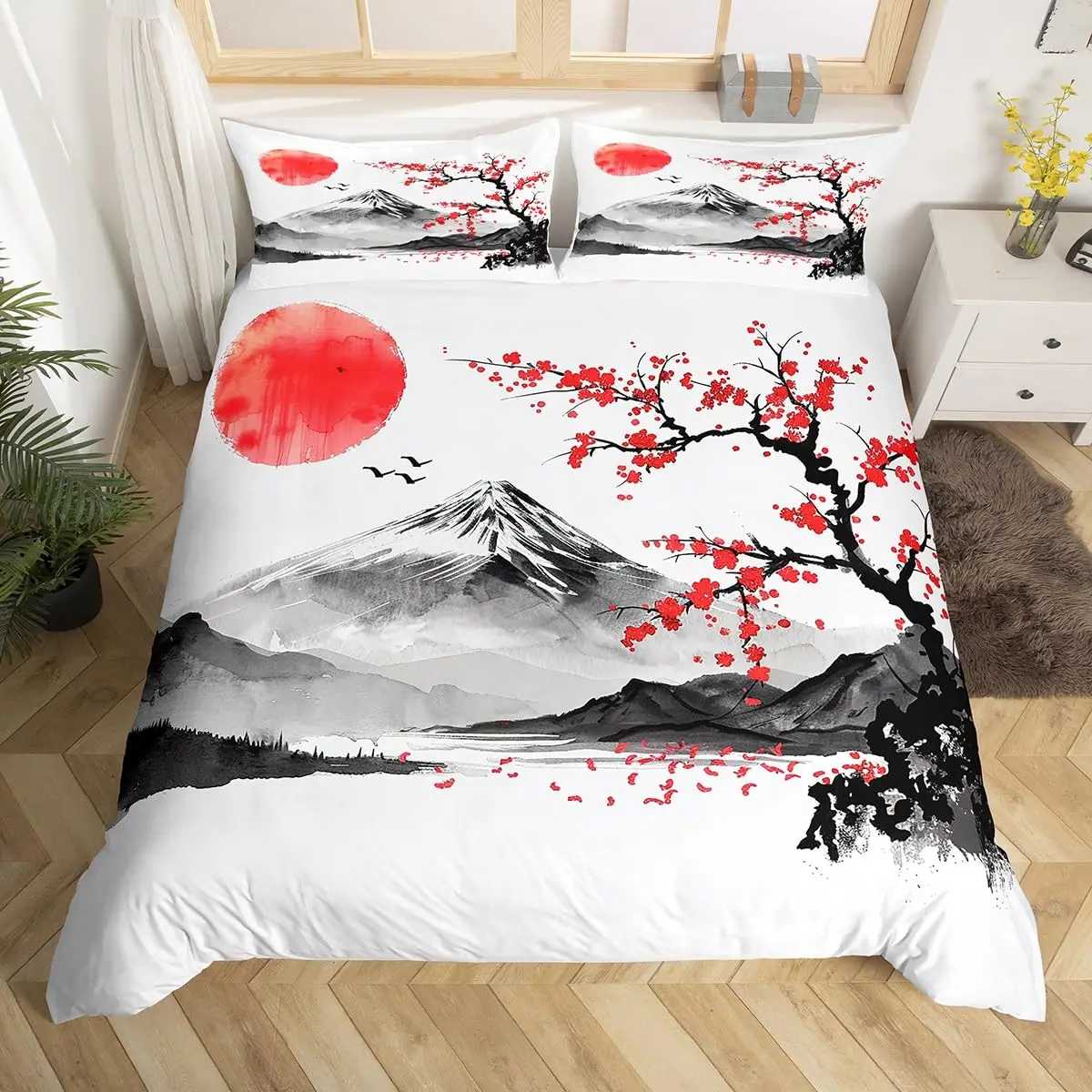 Japanese Style Bedding Set Twin Queen King Size Japanese Wave Comforter Cover Set Cherry Blossom Ocean Wave Sunset Duvet Cover
