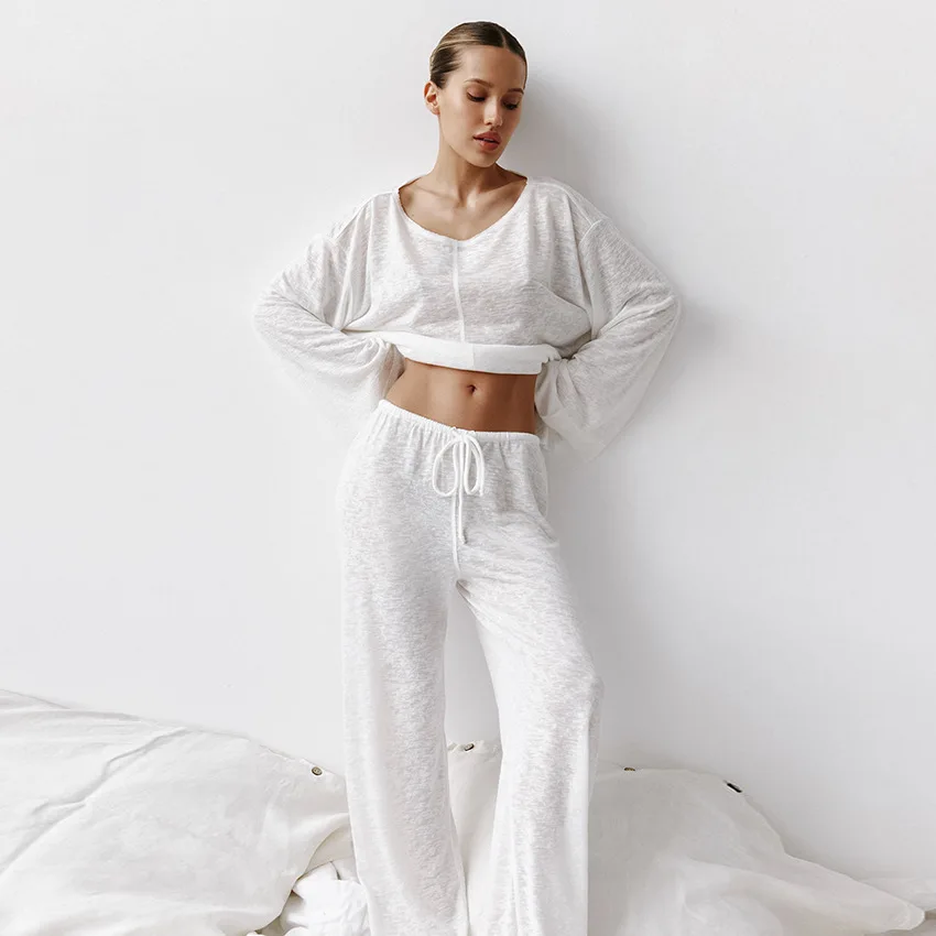 

Autumn Sexy White Knitted Sleepwear Ruffled Long-sleeved Trousers Pajamas Set Loose Soft Home Clothes 2pcs Nightwear