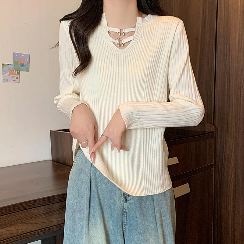 Y2K Jacquard Sweater For Women Fashion Stylish Elegant Chic Knitwear Pullover 2024 Autumn Long Sleeve V-neck Ladies Jumpers