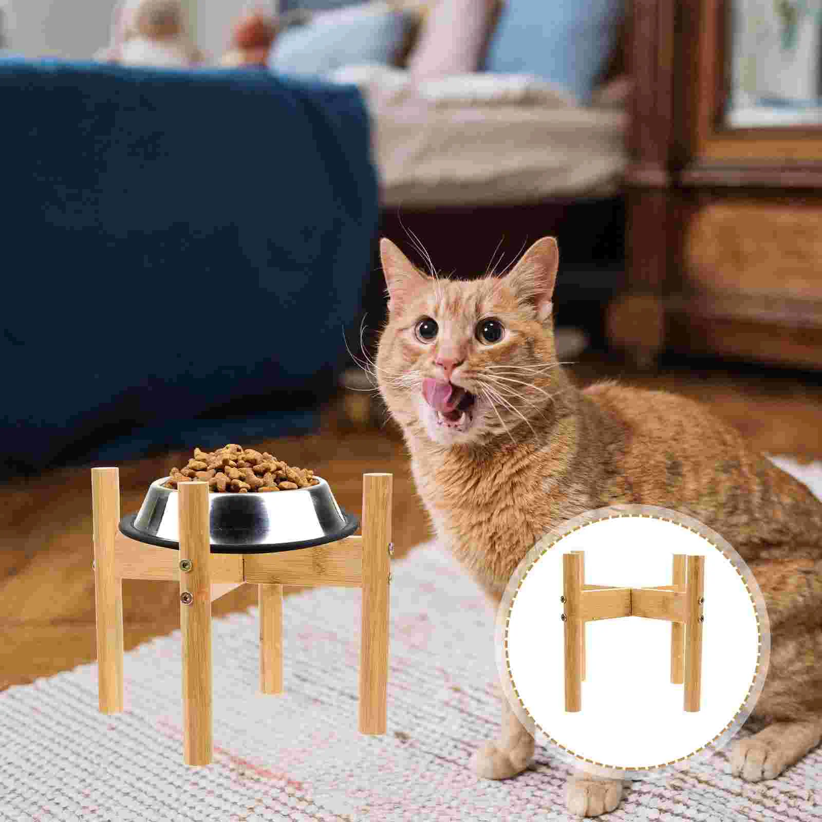 Dog Bowl Holder Stable Pet Feeder Stand Elevated Cat Food Container Rack Solid Wood Detachable Bamboo