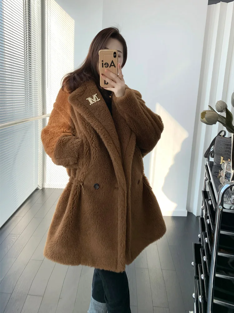 

New Short Teddy Bear Coat Drawstring Women Autumn Winter Loose Lapel Long Sleeve Fashion Real Fur Warm Coat Tide Female Clothing