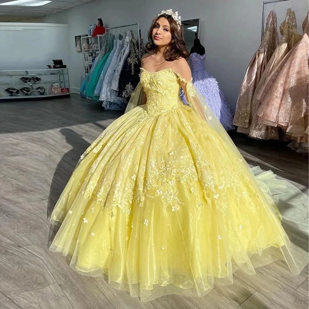 

ANGELSBRIDEP Yellow Ball Gown Quinceanera Dresses Vestidos De 15 Anos Fashion Off-Shoulder Sweet 16 Princess Party Gown