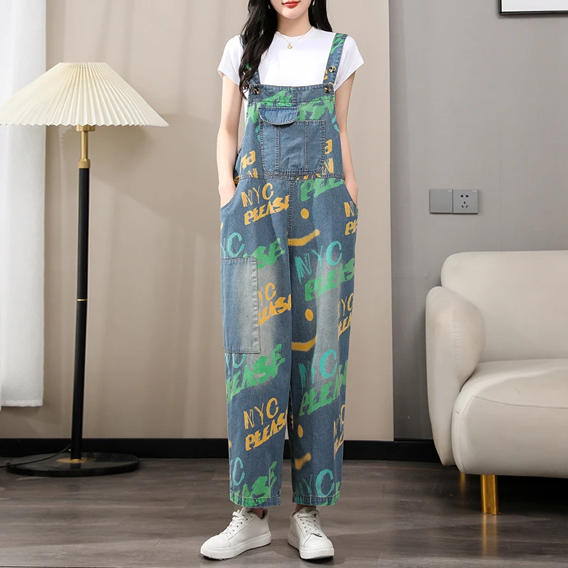 #1447 Letters Printed Denim Overalls For Women Sleeveless Wide Leg Denim Jumpsuits Ladies Loose Vintage Jumpsuits Spring Summer