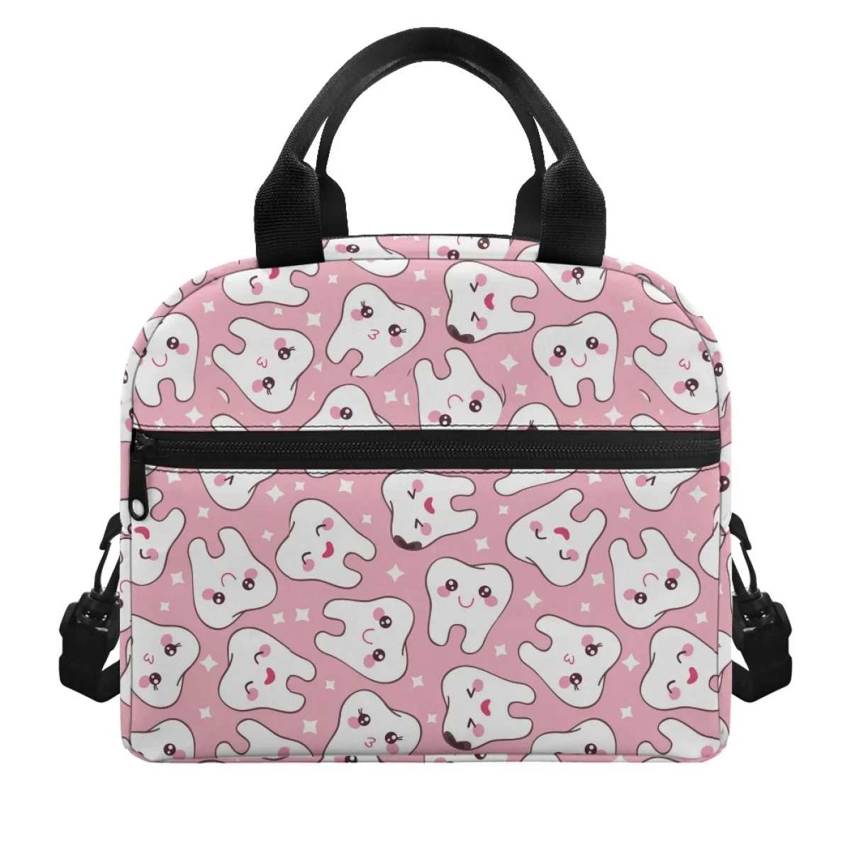 Hot Sales Kawaii Pink Teeth Nurse Pattern Ladies Gril Boys Insulated Lunch Bag Front Pocket Double Layer Outdoor Travel Satchel