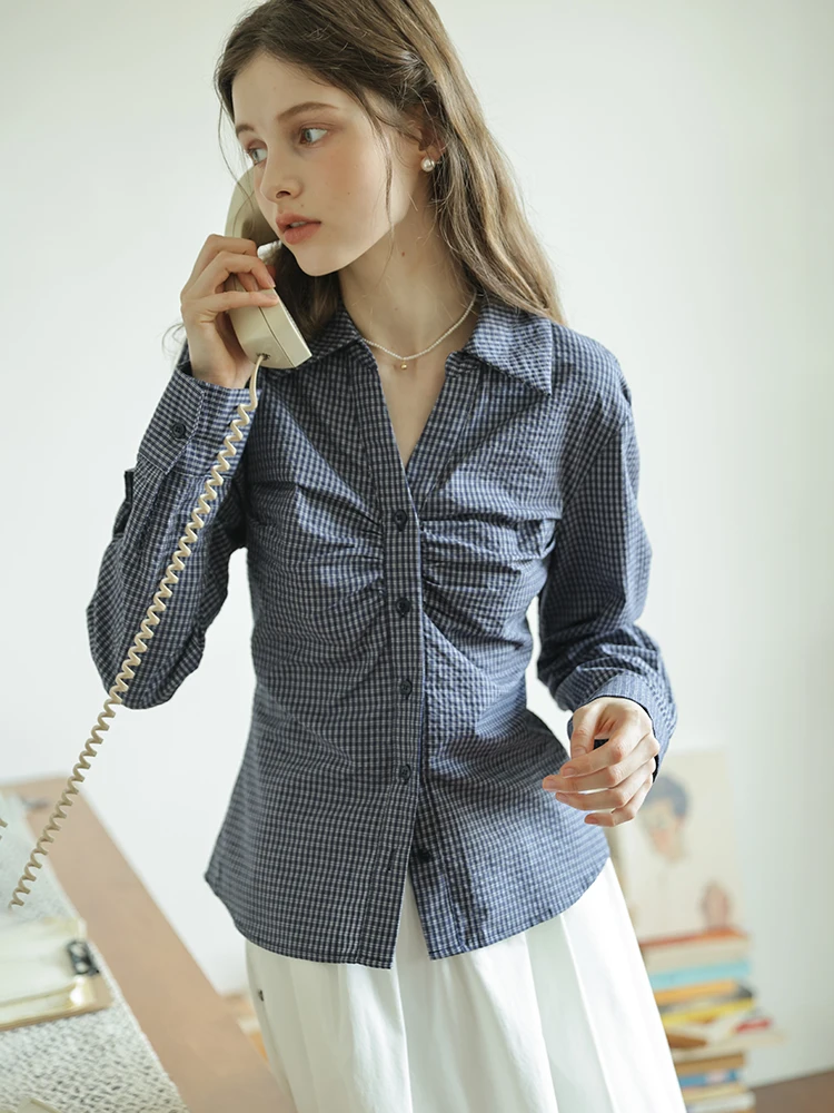 

Women's Slim Fit Long Sleeve Cotton Shirt Vintage Blue White Plaid Waist Cinching Miu Style Spring Fashion New Arrival