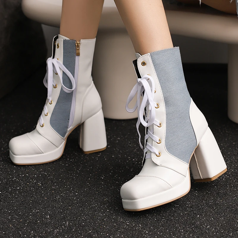 

Plus Size Denim Patchwork PU Cross Tie Side Zipper Square Toe Extra High Thick Heel Mid Length Boots Platform Fashion Boots