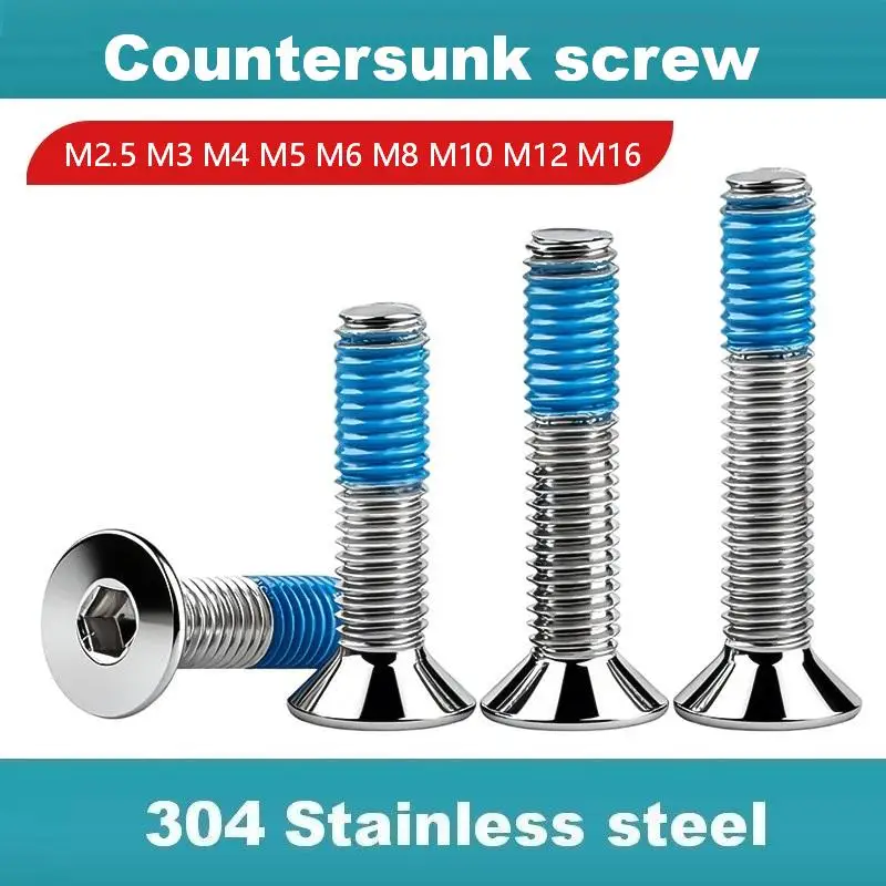 304 Countersunk Hex Socket Screw  Blue Nylon Patch Anti‑Loosening Flat Head Allen Machine Screw Anti‑Vibration Locking Screw