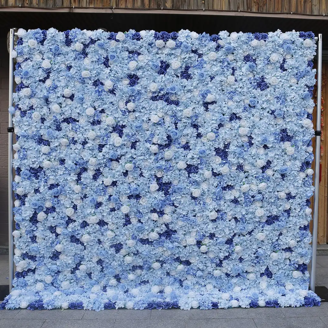 Luxury Blue-White 3D Cloth Flower Wall Wedding Backdrop Props Rose Hydrangea Arrangement Curtain Hanging Fabric Floral wall