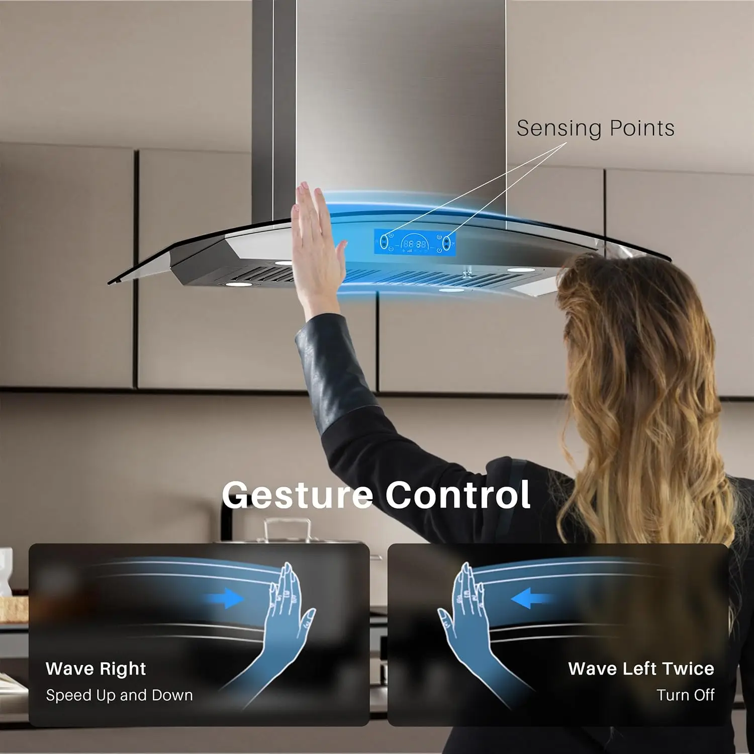 Island Range Hood 30 inch 700 CFM with Chimney, Ceiling Mount Kitchen Vent Hood with Tempered Glass, 4 LED Lights, Perma