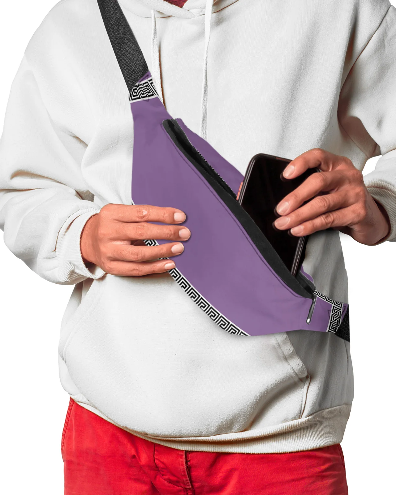 Bolsa de cintura geométrica para homens e mulheres, Fanny Pack, bolsa, cinto de telefone, bolsa de carteira, impermeável Banana Hip Bags, roxo, grego, geométrico