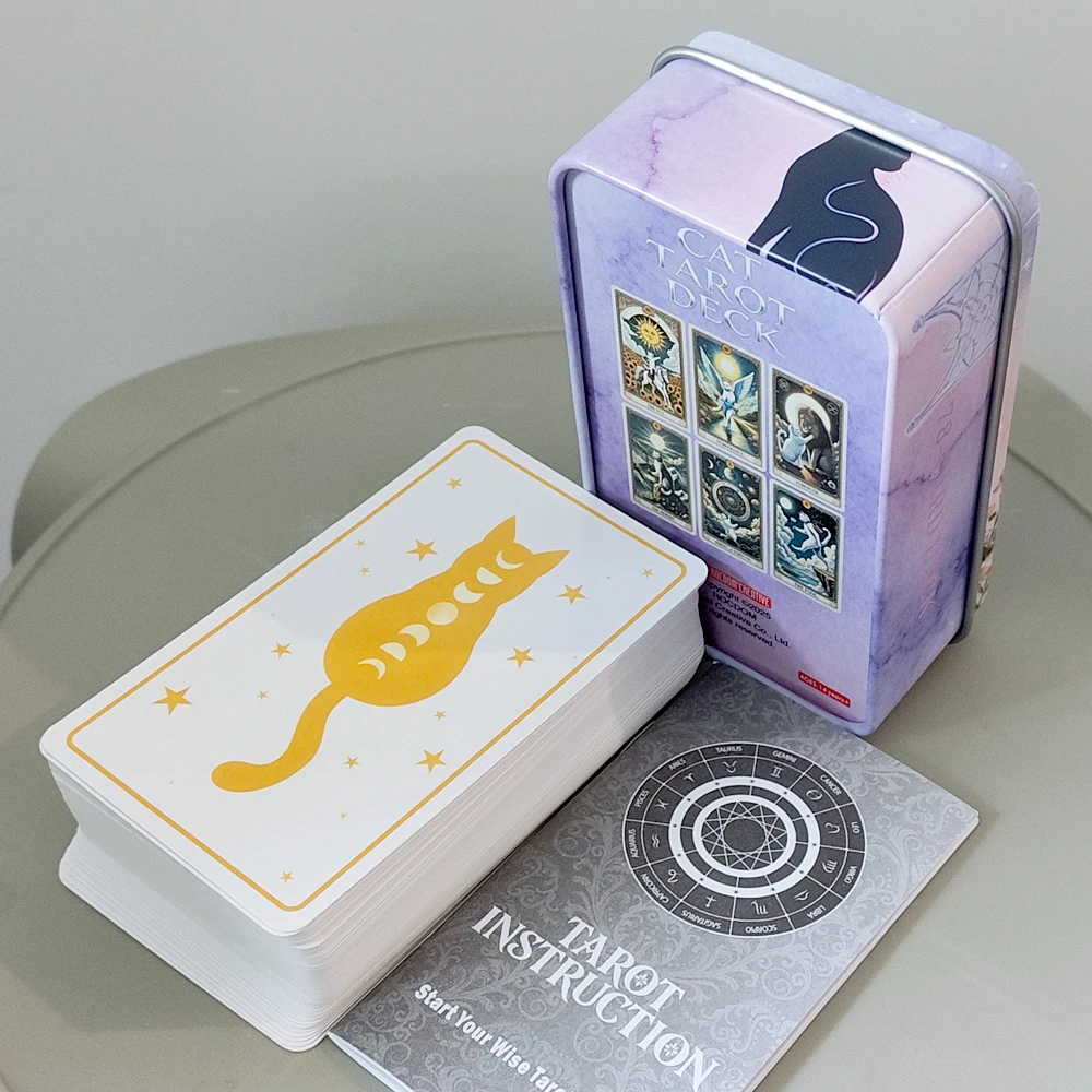 Cat Tarot Deck 11*6.2cm 78 Cards with Guidebook, Cute White Cat Theme Tarot Cards Fortune Telling Cards in Portable Tin Box