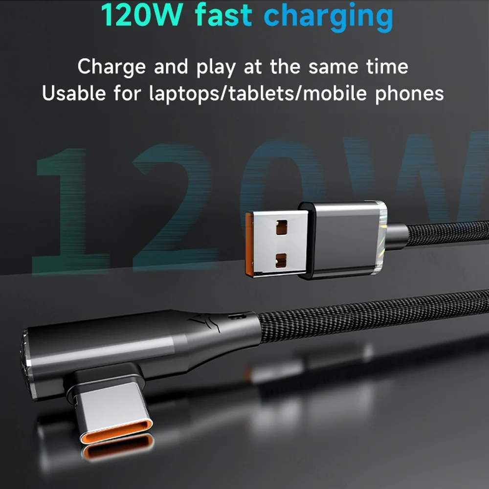 120W Super Fast Charging Elbow Cable for Game, USB Type C Data Cord for Xiaomi 14 Redmi 13 POCO X6 Huawei P30 OPPO Oneplus 12