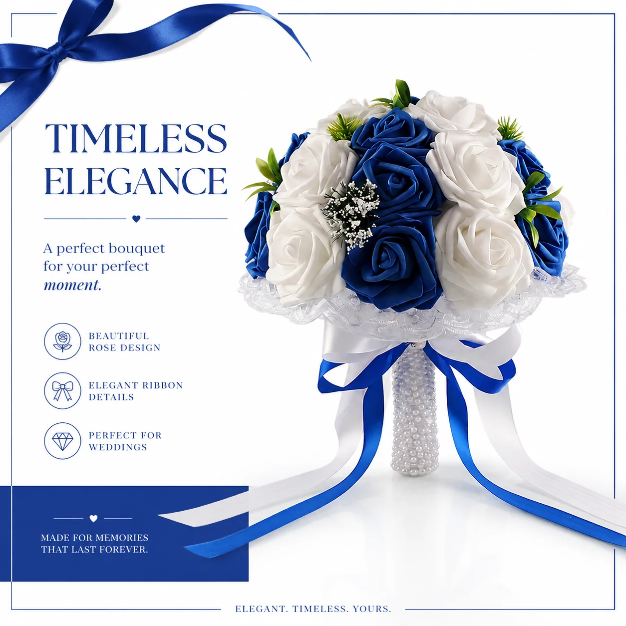 

Elegant Blue & White Foam Rose Bridal Bouquet with Lace Trim Satin Bow and Pearl Handle for Wedding Ceremony