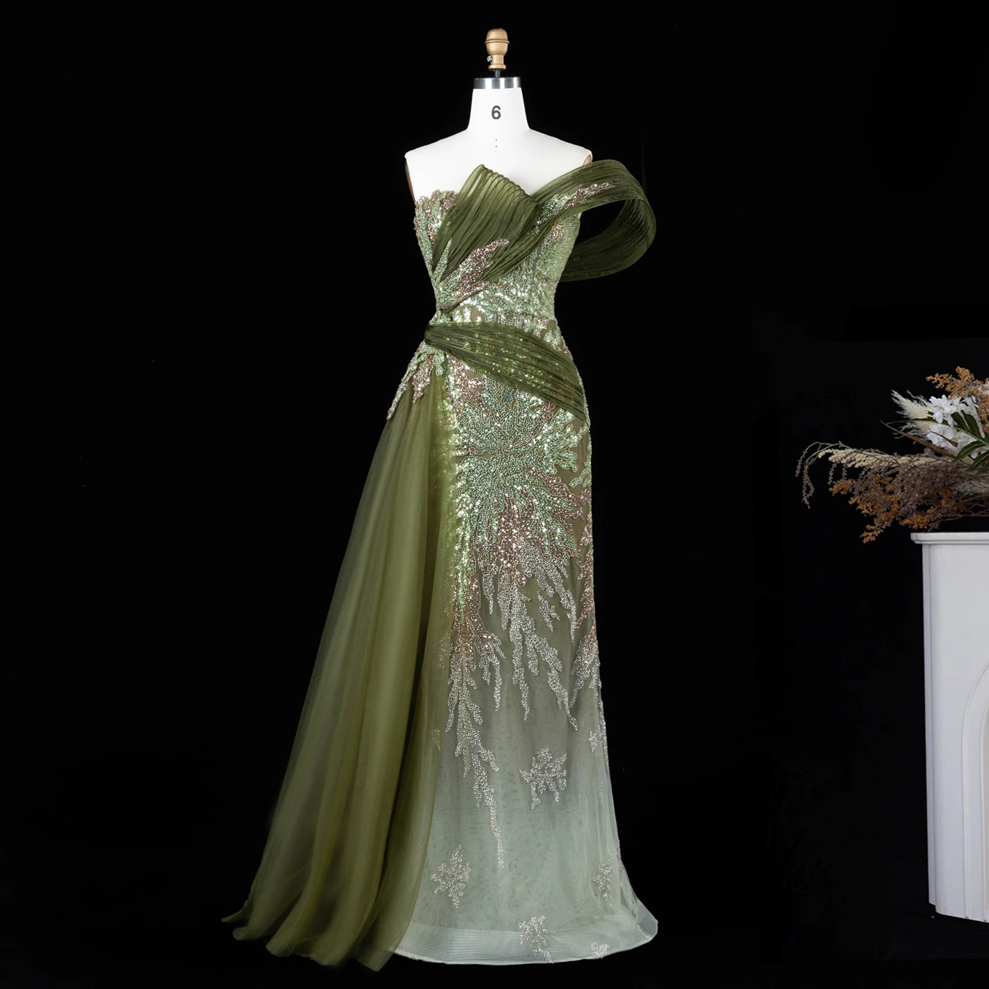 Sharon Said Luxuriöses Abendkleid in Grün mit Farbverlauf, schulterfrei, mit Perlenapplikationen, für Damen, Hochzeit, formelle Party, Modell SS293, maßgeschneidert – Detail 5