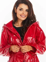 Shiny Patent Leather Parka for Women Hood Overcoat with Pocket Faux Latex Long Sleeve Jacket Button PVC Raincoat New Custom