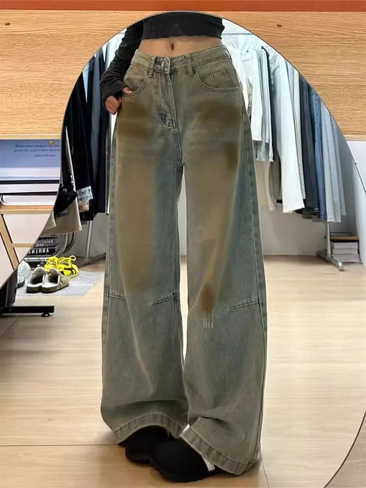 

Модные широкие джинсы с высокой талией, женские винтажные окрашенные свободные джинсовые брюки прямого кроя, осенний новый дизайн, повседневный Sle