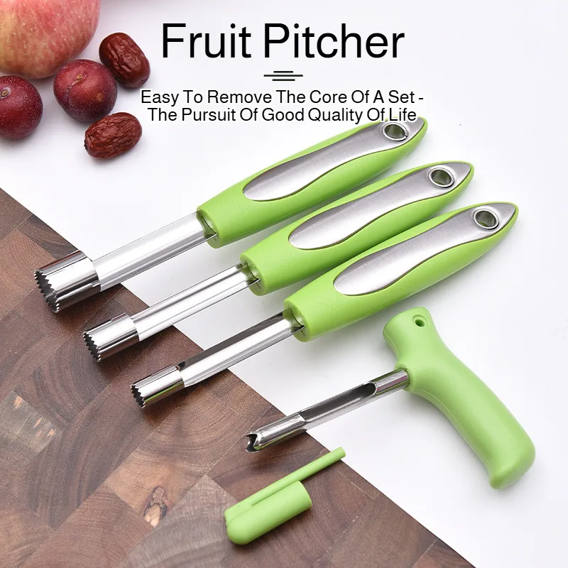 Stainless Steel Fruit Corer Set With Pp Handle. Includes 4 Fruit Corers For Apples, Dates, Hawthorns, Pears, And Cherries
