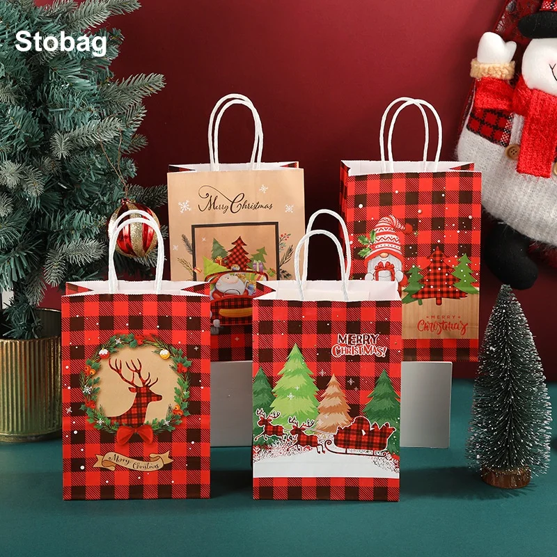 

StoBag 24pcs Merry Christmas Kraft paper Gift Bags Tote Packaging Children for Candy Snack Storage Pouch Birthday Party Favors