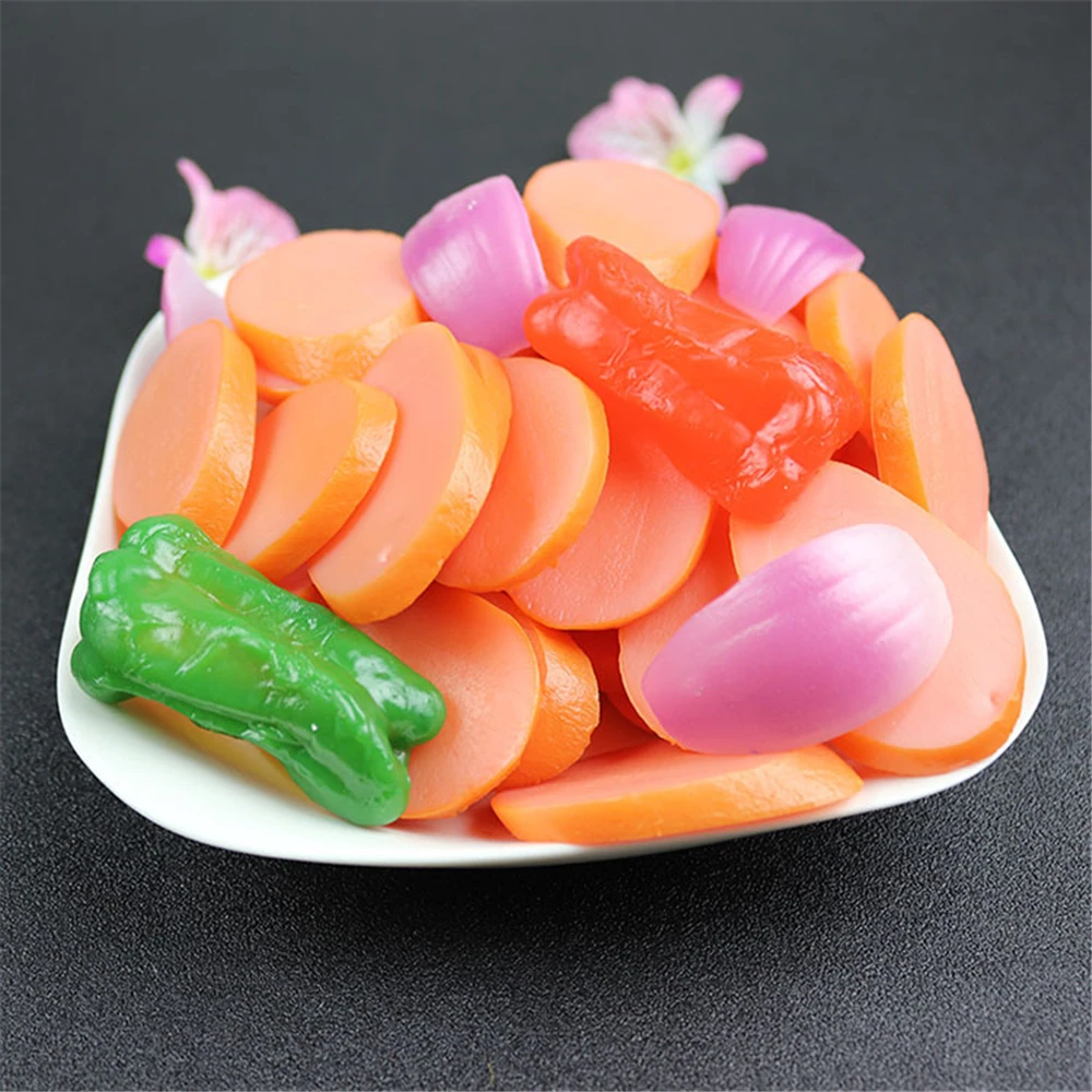

5 Pcs/Lot fake simulation food restaurant decoration beans Tofu Onion Carrot Tomato Potato Cucumber sausage slices food model
