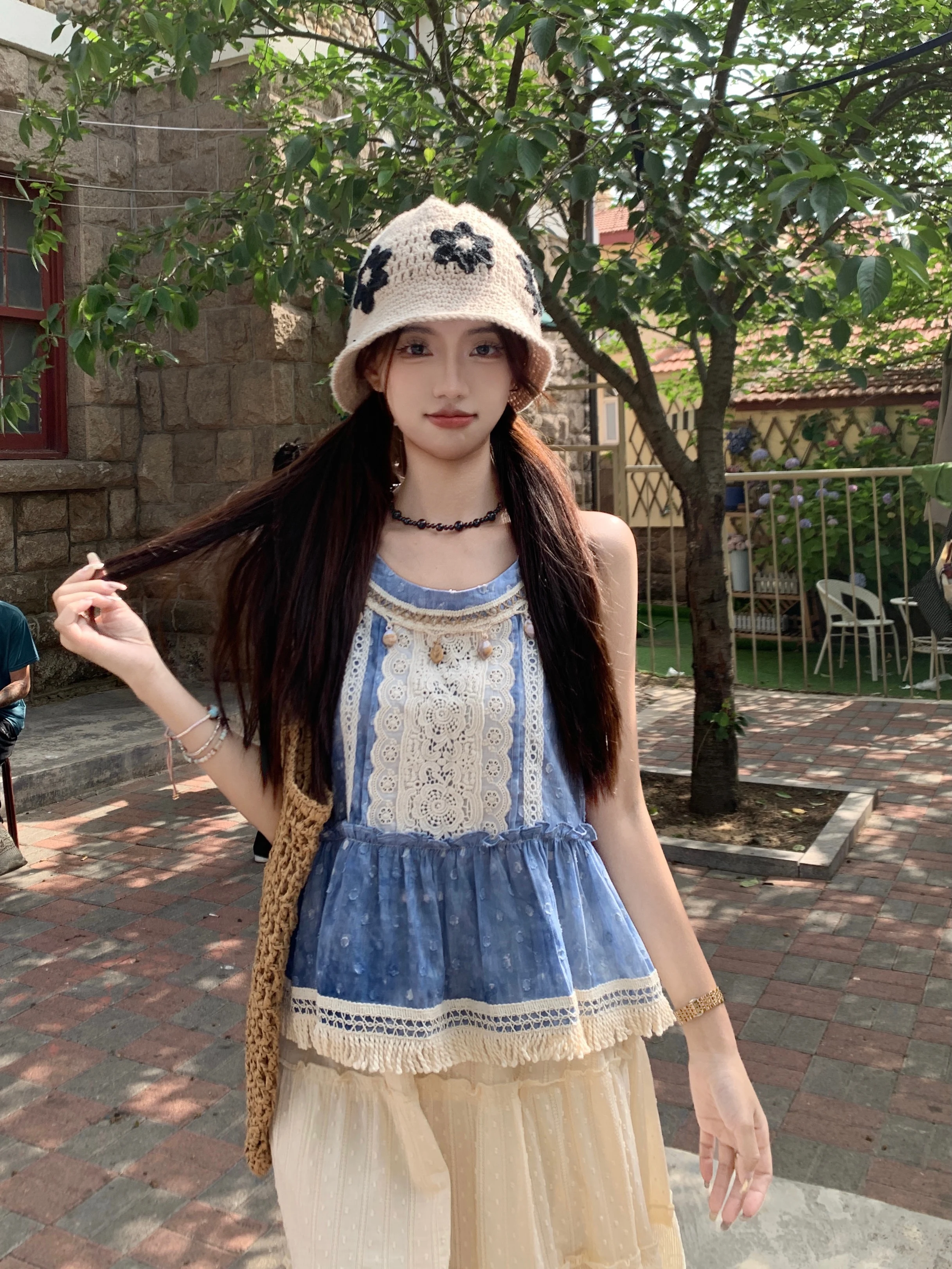 High Quality Hot Selling Bohemian Set Blue Tie Dye Camisole Top Lace Skirt Temperament Vacation Two-piece Set Vintage Harajuku