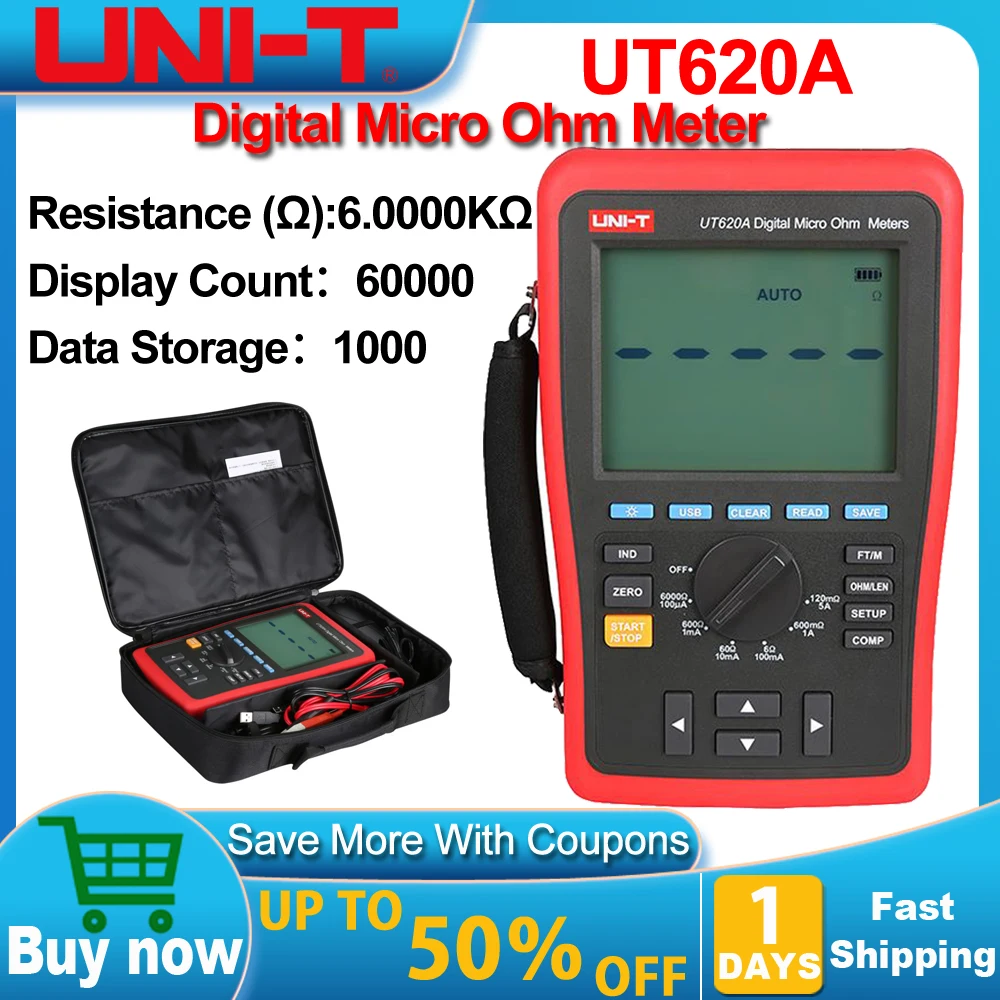 UNI-T UT620A Digital Micro Ohm Meter; Manual Range DC Low Resistance Tester, Data Storage/USB Data Transfer/Data Hold