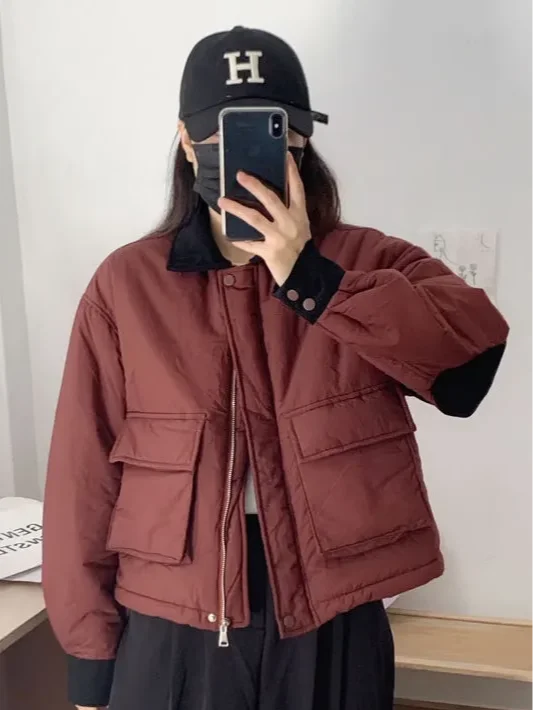

Retro Fashion Patchwork Cotton Jacket Women's Winter New Loose Slimming Lightweight Short Coat Korean Style Thickened Long Sl...