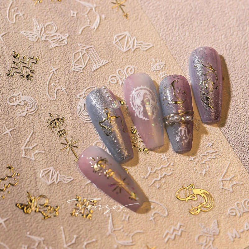 Gold Stamping White Twelve Constellations Totems 3D Self Adhesive Nail Art Sticker Gemini Cancer Leo Virgo Libra Manicure Decals